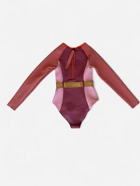 H&M Long Sleeve One-Piece Swimsuit in Colorblock Pink with LOVE Waistband S